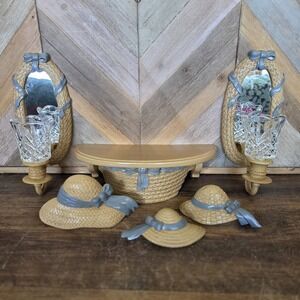 6 PC Set Burwood Home Interior Wicker Brown W/Blue Ribbon Wall Mount Cottagecore